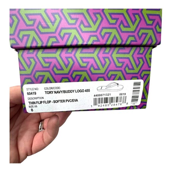 Tory Burch Navy White Thin Flip Flops Size 8 w Gold Logo With Box Good Condition - Picture 5 of 7